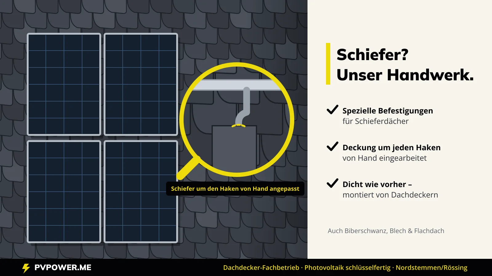 PV-Module auf einem Schieferdach mit Detailansicht eines Dachhakens, um den der Schiefer von Hand angepasst wurde